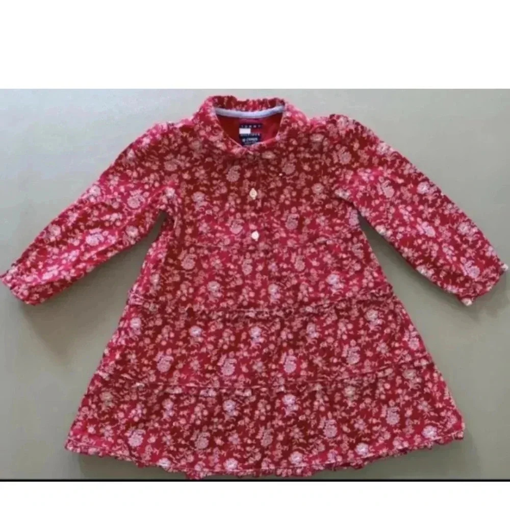 Tommy Hilfiger Toddler Girl Dress 18-24m Red Rose Pattern Long Sleeves Ruffles